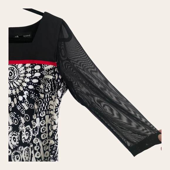 Connected Apparel Black White Dress Geometric Print Sheer 3/4 Sleeves, Size L - Picture 3 of 10